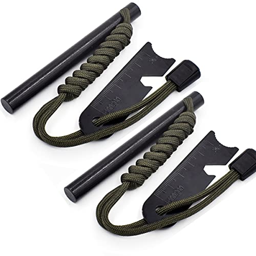 makstore 2 Stücke 10cmx1cm Feuerstarter Set mit Paracord Griff, Feuerstein Firesteel Anzünder Outdoor Überleben (Armeegrün) Cover