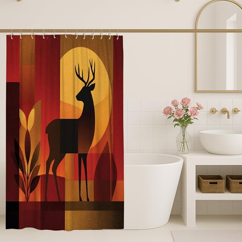 Hirsch-Duschvorhang, rustikales rot-orange, dekoratives Badezimmer-Set, Herbst-Natur, moderne Kunst, wasserdichter Stoff-Duschvorhang mit Haken, 91,4 x 183,9 cm