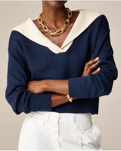 Women Sailor Collar Pullover Sweater Long Sleeves V-Neck Knitted Tops 2024 Fall Vintage Wool-Blend Sweater2