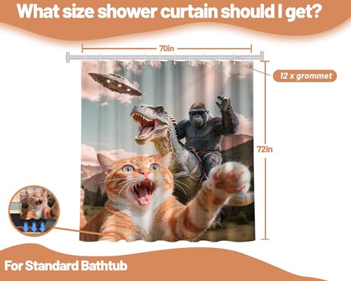 Image of Funny Cat Riding Dinosaur Shower Curtain UFO, 70x72 Inch | Boys Design, Gorilla Pattern Theme, Monkey Bathroom Decor Sets, Waterproof Cloth Fabric, with Hooks