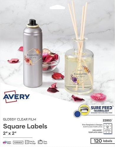 Avery Square Labels for Laser & Inkjet Printers, 2" x 2", 120 Glossy Crystal Clear Labels (22853) (2 Pack, 240 Labels Total)