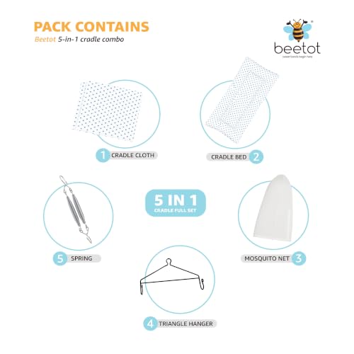 Image of Premium Swing Cradle Set | Cradle Cloth, Padded Bed, Mosquito Net, Heavy-Duty Spring & Triangle Hanger | Up to 15 kg | Light Blue Dot