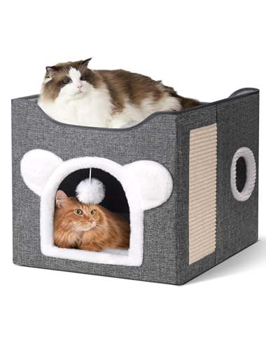 Cat Houses for Indoor Cats, Large Cat Cave with Fluffy Ball and Scratch Pad, Covered Cat Bed House, Foldable Cat Hideaway