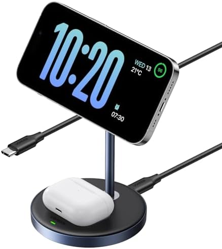 UGREEN Zapix Magsafe充電器 2 in 1マグネット 充電スタンド Qi認証 ワイヤレス充電器 7.5W/5W 2台同時急速充電 横向き・縦向きで角度調整 イヤホン iPhone 17/16/15/14/13/12シリーズAirPods Pro/3/2/1など適用 LED表示 USB-Cケーブル付き