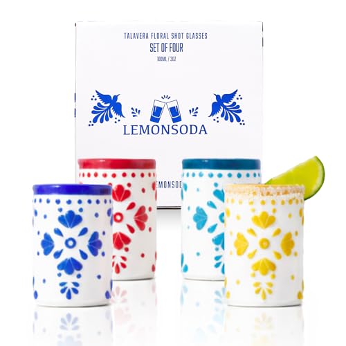 LEMONSODA Hand Painted Ceramic Floral Drinking Shot Glasses, Colorful Vintage Pattern Drinkware for Tequila, Mezcal, Espresso & Tastings - 3oz (Talavera Floral, Set of 4)