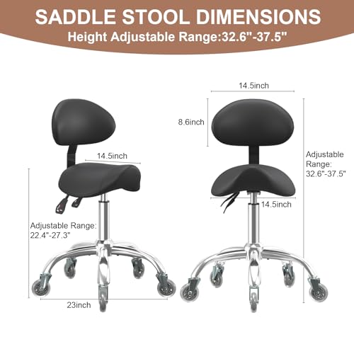 Image of Saddle Stool with Back Support, 350LBS Ergonomic Rolling Chair, Black | 350 LBS Load, Height Adjustable, 360 Swivel Casters, Ergonomic Backrest, Multi-Use for Salon, Tattoo, Spa, Dentist
