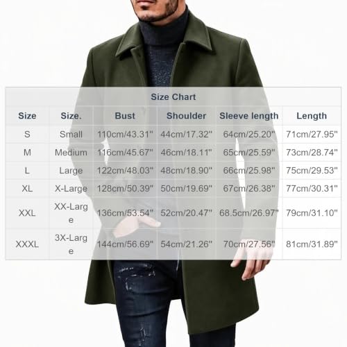 Mens Trench Coat Long Single Breasted Pea Coat Winter Lapel Collar Overcoat - image 2