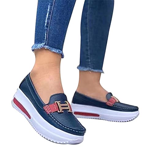 VALINK Zapatos casuales para mujer, cómodos, con plataforma, estilo mocasín, bajos, en poliuretano, estilo vintage, para caminar, azul oscuro, 37 EU