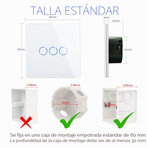 Interruptor táctil triple de vidrio templado CNBINGO con luz LED para panel de 3 vías 3