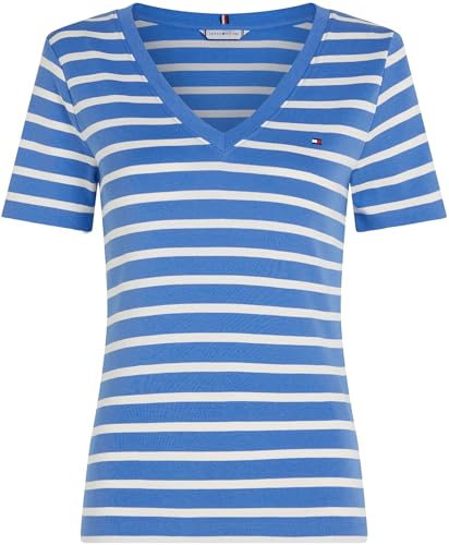 Tommy Hilfiger Damen T-Shirt Kurzarm New Slim Cody mit V-Ausschnitt, Mehrfarbig (Fine STP Blue Spell/Ivory Petal), XXS – Ansicht 5