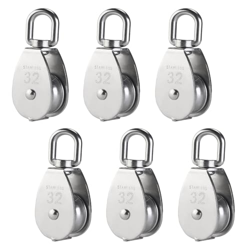 YAMASO,6Pcs 304 Stainless Steel M32 Silver Single Pulley Block Wire Rope Hanging Wire Towing Wheel