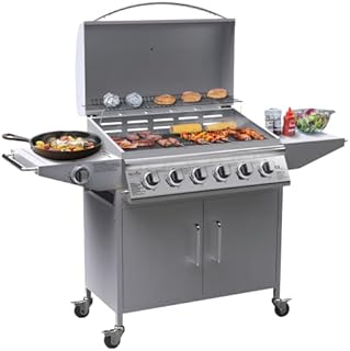 BIllyOh Gas BBQ 6+1 Burner Barbecue Premium Stainless Steel with Warming Rack, Cast Iron Grill, Storage Cabinet, Side Table Shelves, Side Burner, Thermometer and Outdoor Protective Cover, Huntsville