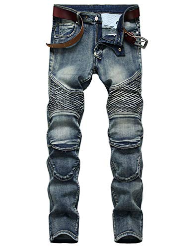Men's Streetwear Patchwork Pleated Stretch Ripped Biker Jeans Denim Pants