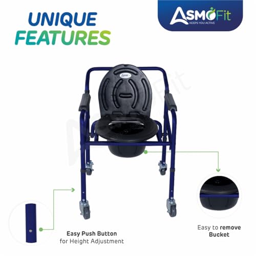 Image of Foldable Commode Chair Height Adjustable Use in Room or Over Toilet, Potty Chair with Armrests, Bedside Commode - Ideal for Adult, Pregnant Women, Elderly - Weight Capacity 100KG (With Wheels - Blue)