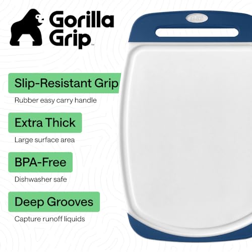 Image of GORILLA GRIP BPA-Free Reversible Kitchen Cutting Board Set of 3, US Designed, Nonporous, Juice Grooves Catch Liquid, Slip Resistant Border, Dishwasher Safe Large Food Chopping Boards, Red Blue Green