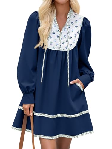Image of Wenrine Womens Casual Floral Mini Dress Fall Long Sleeve V Neck Patchwork Loose Boho Shirt Dresses