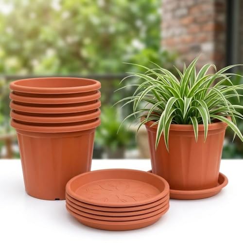 Image of UGAOO UV Treated Gardening Pots with Saucer(Bottom Tray) for Plants - 12 Inch (Terracotta) Plastic Plant Pots | Indoor & Outdoor Planters for Home, Balcony & Garden | Set of 5