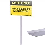 PRINTIMA Achtung Gefahrenbereich Kranarbeiten Schild 32x21 cm zum Einschlagen, gelbe Warnhinweistafel aus Verbundplatte mit 1 m Aluprofil, UV-Druck für Baustelle, Betrieb, Hof