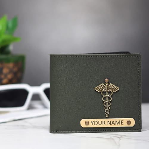 Image of TCG Personalized Name & Charm Imported Leather Mens Wallet | Gifts for Men Husband Boyfriend Employees Clients Colleagues Friend (Olive Green)