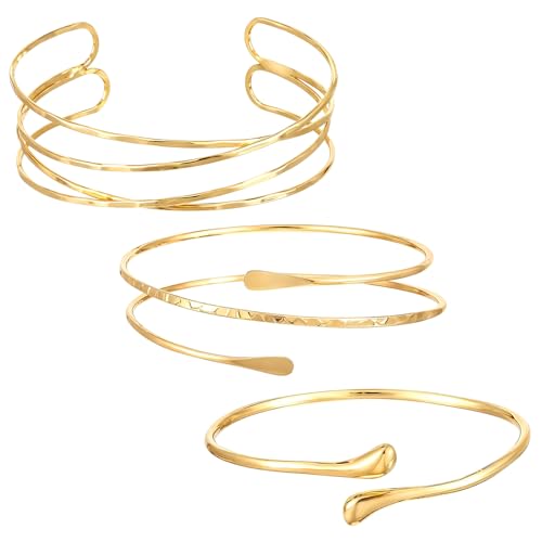 3Pcs Gold Arm Cuff for Women Boho Coil Upper Arm Cuff Jewelry Adjustable Minimalist Arms Bracelet Bangle Cuffs Armband Jewelry Set