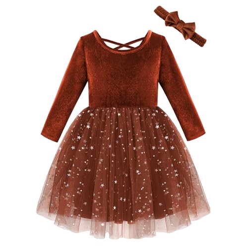 Weixinbuy Baby Girls Dresses Long Sleeve Tulle Velvet Twirl Fall Dresses for Baby Girls Toddler Baby Girl Fall Winter Clothes Burnt Orange