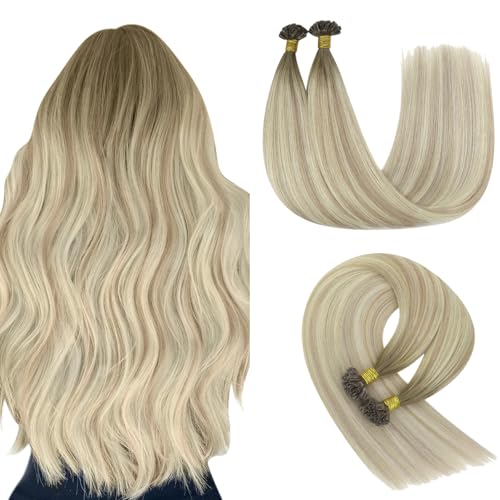 Image of YoungSee Balayage U Tip Hair Extensions Human Hair Ash Blonde Ombre Platinum Blonde U Tips Human Hair Extensions Balayage Utip Hair Extension Real Human Hair Ombre K-Tip Hair Extension 16In 1G /S 50G