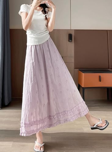 chouyatou Women's Lace Embroidery Eyelet Boho Skirt Elastic Waist Frilly Ruffle Swing Long Skirt4