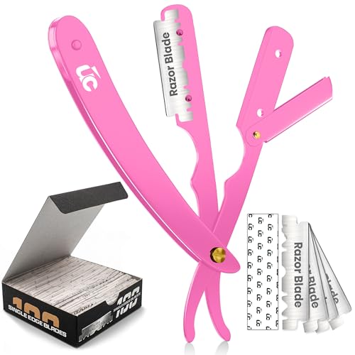 Image of Utopia Care Professional Straight Razor for Men, Barber Straight Edge Razor Safety with 100 Pack Blades, Pink