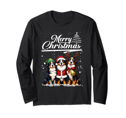 Bernese Mountain Dog Reindeer Elf Santa Merry Christmas Tree Maglia a Manica