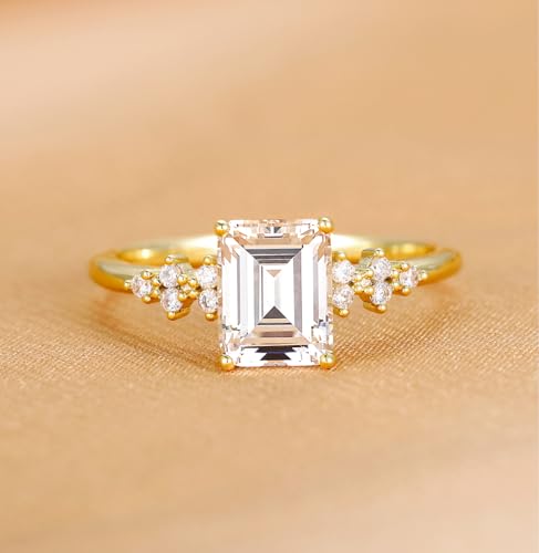 TIGRADE 3CT Engagement Ring for Women Emerald Cut Cubic Zirconia Promise Ring 14K Gold Plated CZ Eternity Wedding Band Size 3-112