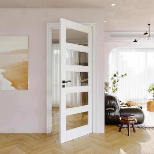Image of 32" x 80" Slab Door, 5-Panel Pre-Assembled Clear Glass Interior French Door Slab, Solid Core & Pre-Finished Single Panel for Pantry Bedroom Closet as Pocket, Bifold, Barn Doors-Shaker w/o Hardware