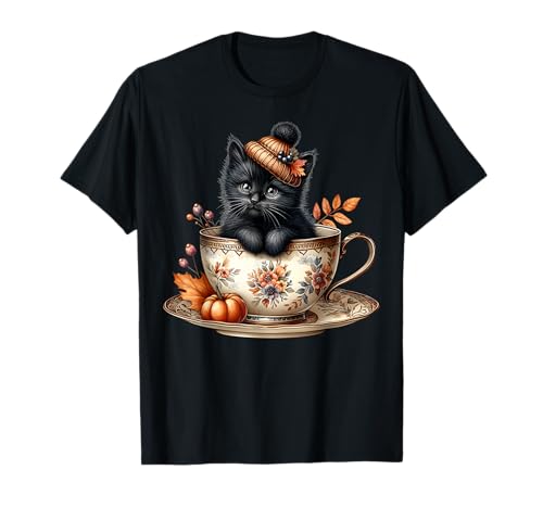 Black cat kitten in floral coffee mug cute autumn vibes maglietta