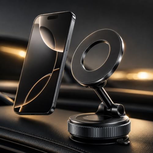 Image of (1 Year Warranty) 360 Magnetic Vacuum Car Phone Holder, N52 Strong Suction Mount for Dashboard, Windshield, Mirror & Smooth Surfaces, Universal Smartphone Holder - Black