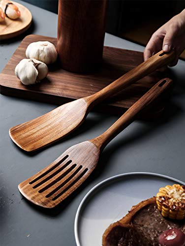 Spatule en bois de teck naturel à long manche - Fabriquée à la main pour ustensiles de cuisine antiadhésifs - Image 8