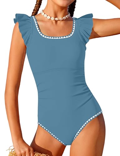 Image of Girls Swimsuit Ruffled Square Neck Color Contrast Trim One Piece Bathing Suit Geometric Girls' Swimwear 9-16Y