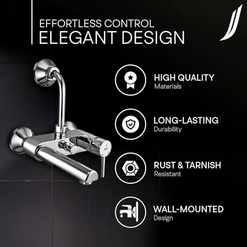 Image of Jaquar Single Lever Wall Mixer with Provision for Overhead Shower with 115mm Long Bend Pipe On Upper Side, Connecting Legs & Wall Flanges for Modern Bathroom Installation, Sliver, Chrome Finish