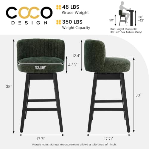 Image of COCO DESIGN 30 inch Green Swivel Bar Height Stools Set of 4 with Wood Legs | Mid Century Modern Style, Smooth Swivel Design, Chenille Upholstered Seat, Sturdy Solid Wood Legs, Bar Height For Island
