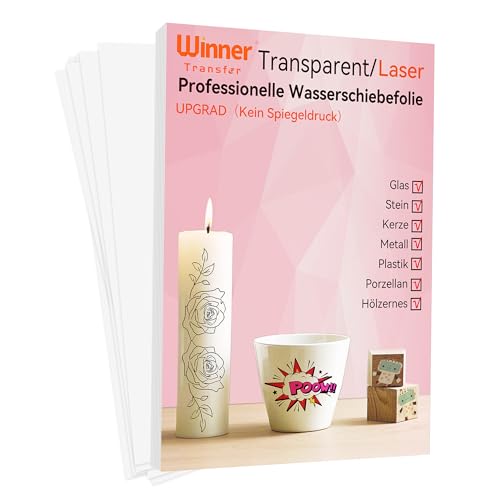 WinnerTransfer A4X10, Laser Wasserschiebefolie(TRANSPARENT),Kerzentattoos, Water Slide Paper - Wasser Transferfolie, für Spielzeugmodelle,Tassen,Keramik, Glas, Kunststoff(D-WT-8-10-Neu)