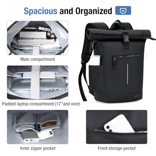 Lekeinchi Rolltop Rucksack Wasserdicht für Damen & Herren, Großer Laptop Rucksack mit Computerfach für 17 Zoll Laptop, Elegant Reiserucksack Daypack für Reisen, Radfahren, Uni Schule-Schwarz Groß(XL)
