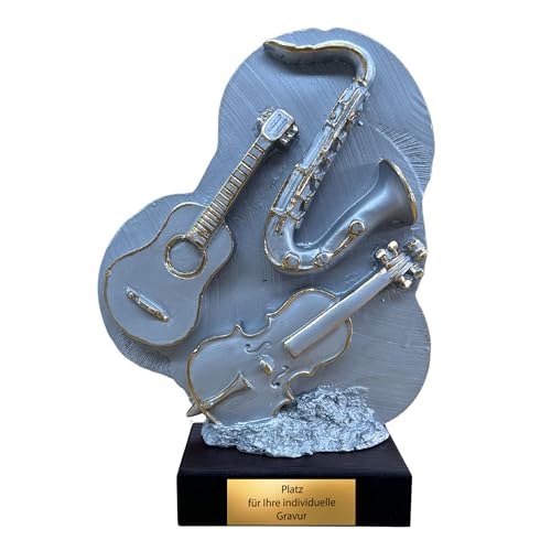 eberin Trofeo de música de 25 cm de resina con base de madera – Elegante trofeo para músicos y bandas – Premio de alta calidad con grabado – Se entrega montado