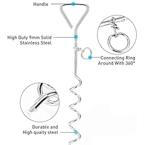 Dog Tie Out Cable and Stake, 20ft Outside Dog Leash&Chain for Camping and Yard, 16” Heavy Duty Anti Rust Spiral Stake for Medium-Large Dogs Up to 125 lbs (20FT, Blue)