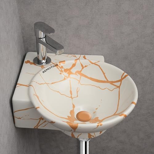 Image of REMOTION Wall Mounted Wash Basin for Bathroom | Wall Hung Corner Sink | Ceramic Round Wall Hung Wash Basin | Wall Hung Small Corner Basin (16.3 x 13.8 x 4.3 Inch) (White Gold Jelly)