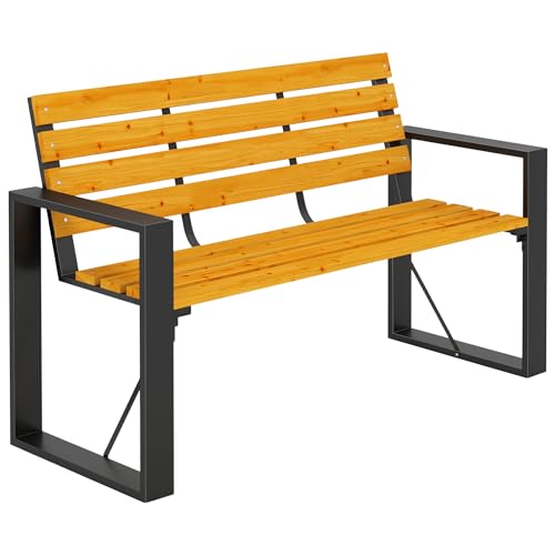 Outsunny Banco de Jardín Exterior de 2 Plazas, Banco Exterior con Respaldo y Asiento Listonado de Madera, Reposabrazos y Marco de Acero, para Patio, Terraza, 136x54x82 cm, Natural
