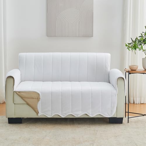 Image of Great Bay Home Velvet Loveseat Cover - Washable Slipcover Furniture Protector with Elastic Straps - Furniture Cover for Dogs, Kids, and Pets - Stitched Detail (White)