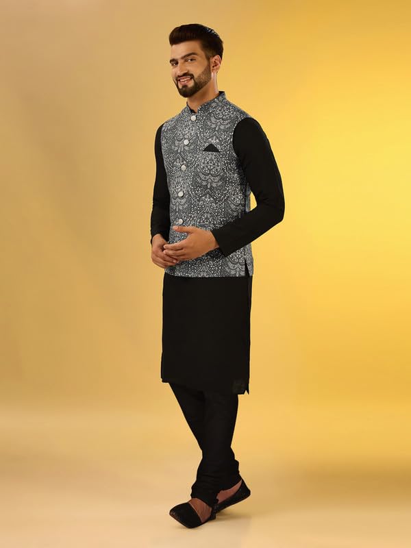 Image of KISAH Men Printed Kurta Jacket Set, Full Sleaves, Knee Length, Straight, Regular Fit, Mandarin Collar Ethnic Wear
