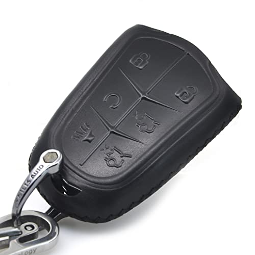 Cadtealir Calfskin Genuine Leather 2015-2018 Cadillac Escalade Remote Key Fob Cover Leather Cadillac Escalade Key Fob Case Holder Only For 6 Buttons Black Color #TOP1