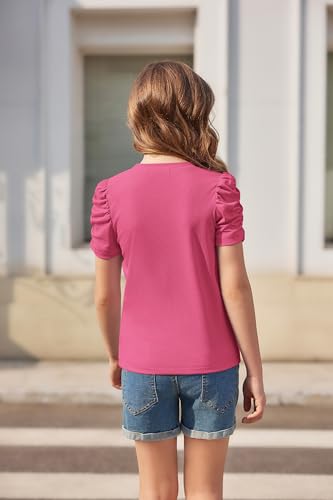 Image of Arshiner Girls Puff Short Sleeve Shirts Summer Ribbed Knit Crewneck T Shirt Tops Tee Blouse