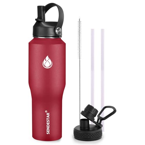Image of SENDESTAR 32oz Water Bottle Wide Mouth Stainless Steel Vacuum Insulated Double Wall with Straw Lids Fit in Any Car Cup Holder