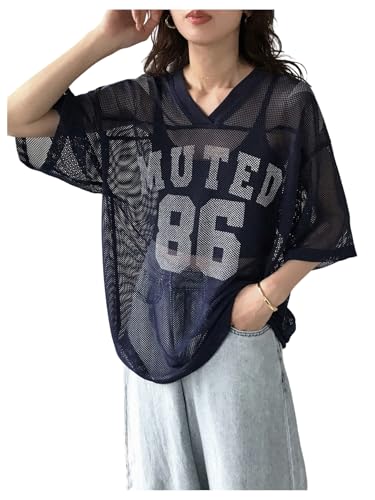 OYOANGLE Women's Mesh Oversized Tee Top Letter Print V Neck