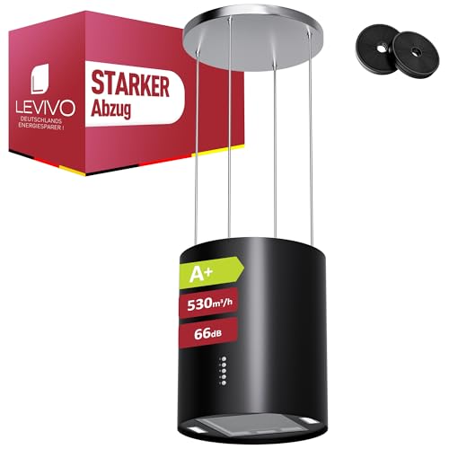 LEVIVO A+ Inselhaube Umluft Freihängend mit 530 m³/h Luftleistung, Insel Dunstabzugshaube mit 2 Aktivkohlefiltern, 1 Fettfilter, 3 Stufen & Booster, 2 LEDs, Abzugshaube, Schwarz